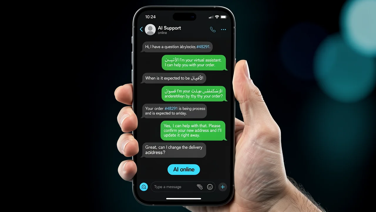 AI Support chat interface on a phone showing automated customer response with cyan accents, FICAITION Digital Employee product demo