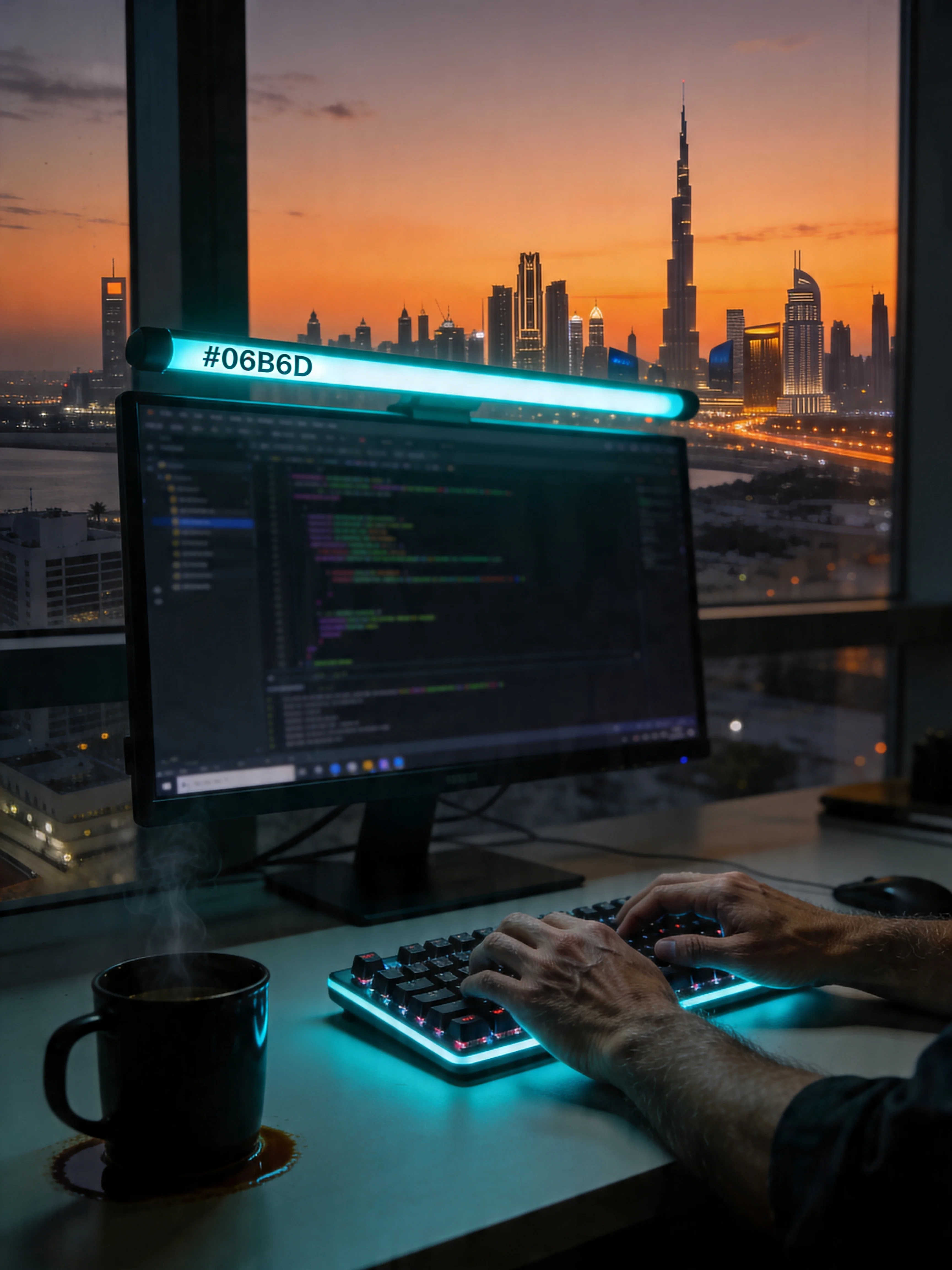 Senior engineer hands on mechanical keyboard with cyan RGB glow, Burj Khalifa and Dubai skyline at sunset through window, FICAITION FinTech case